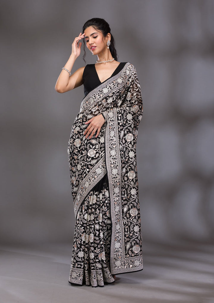 Black Threadwork Tissue Saree-Koskii
