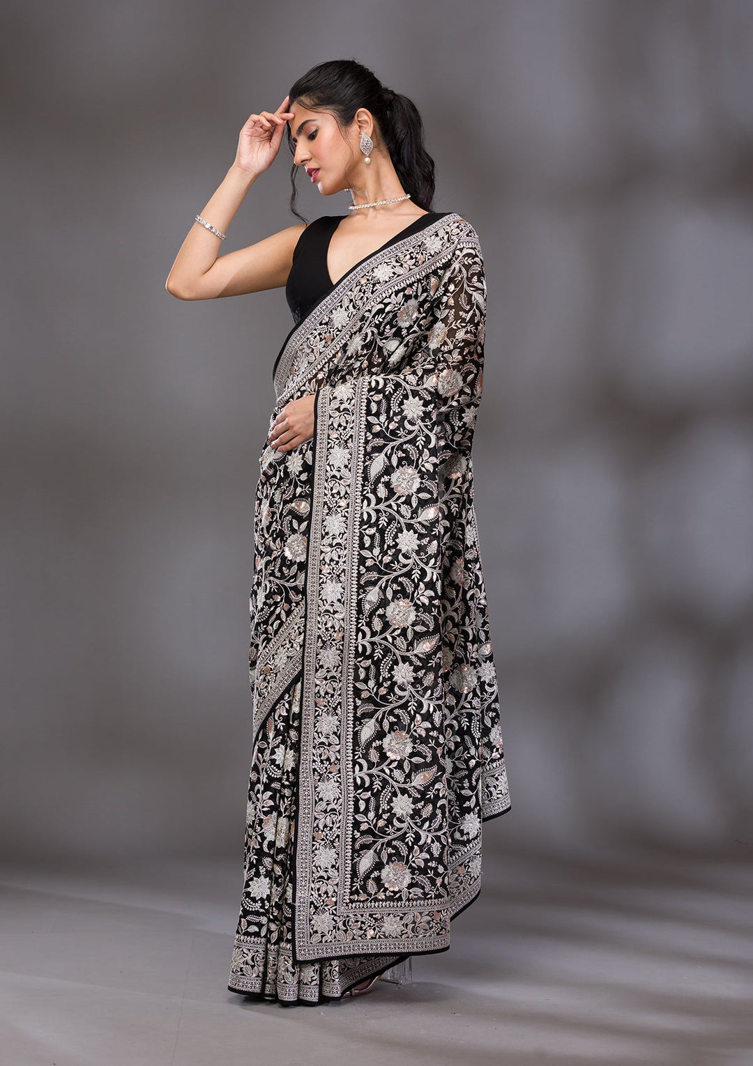 Black Threadwork Tissue Saree-Koskii