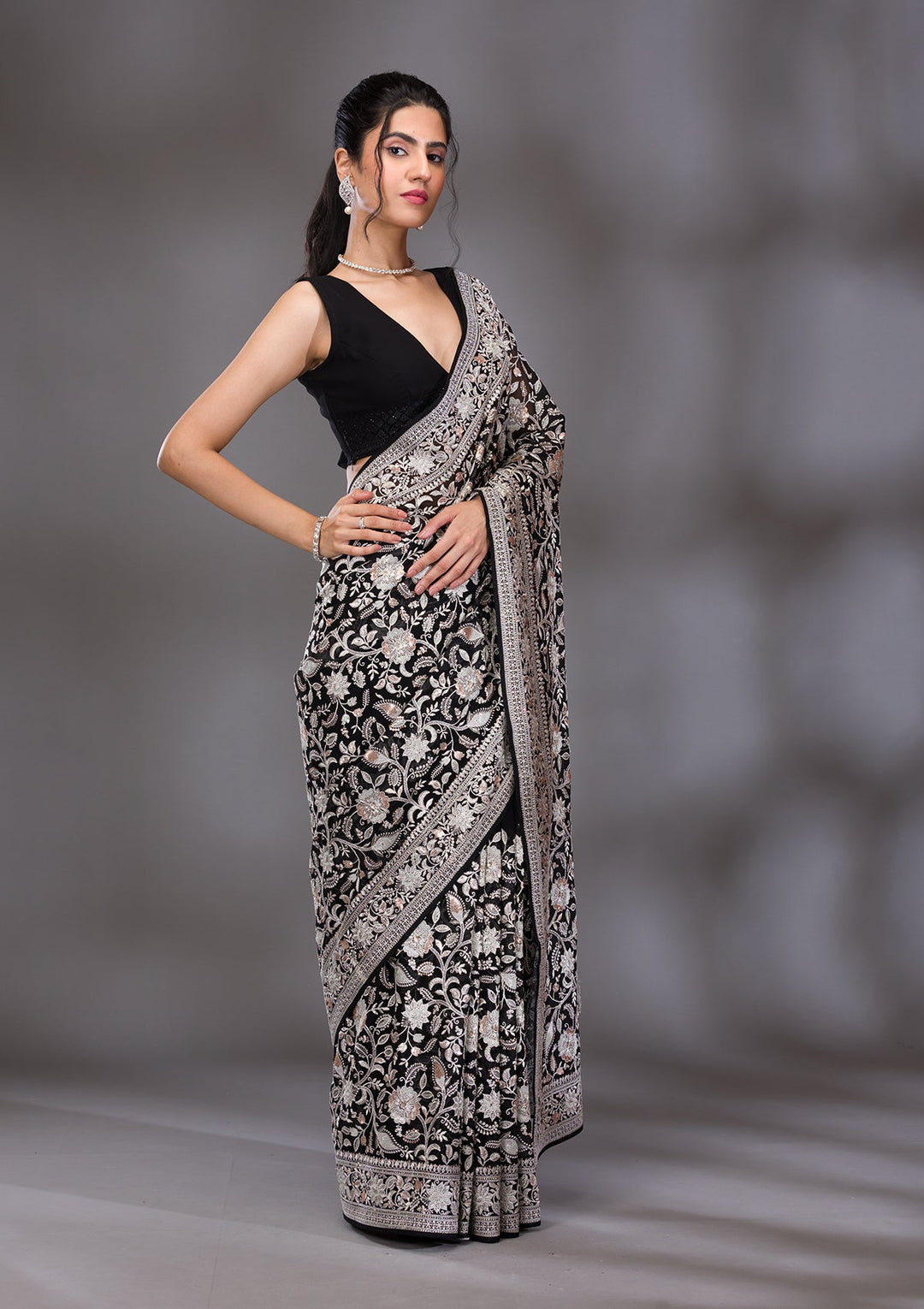 Black Threadwork Tissue Saree-Koskii