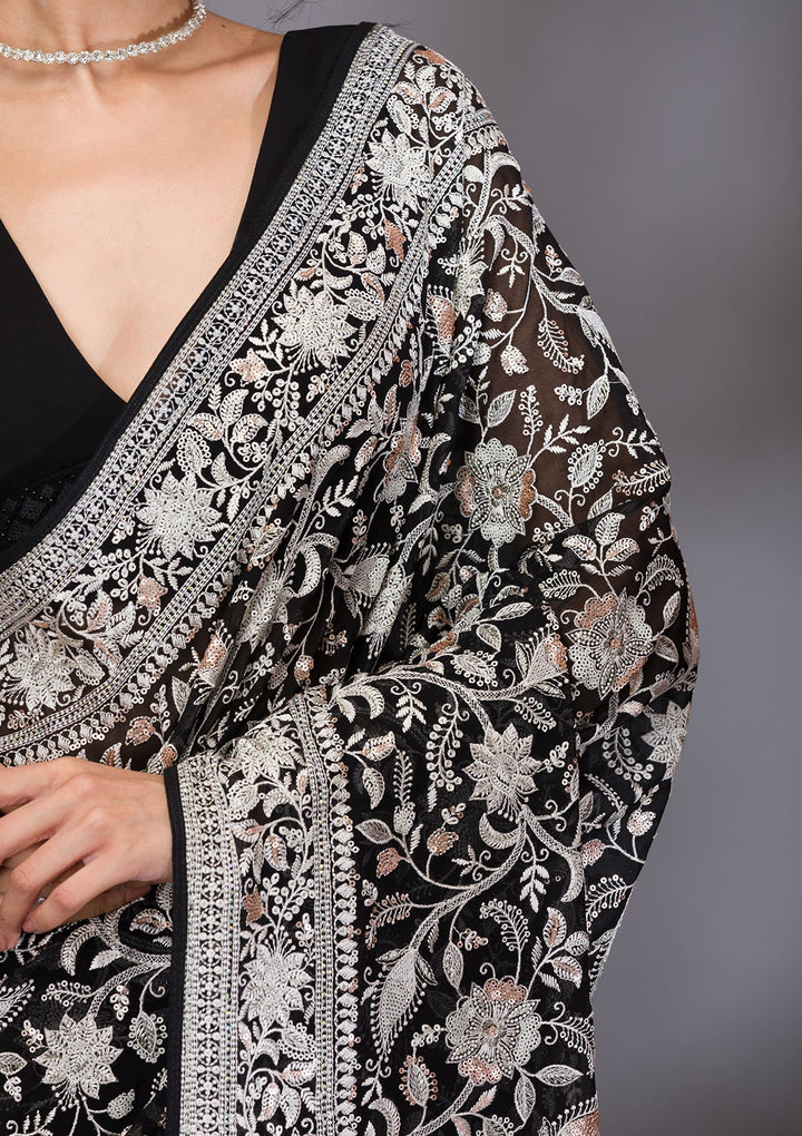 Black Threadwork Tissue Saree-Koskii