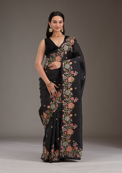 Black Threadwork Tissue Saree-Koskii