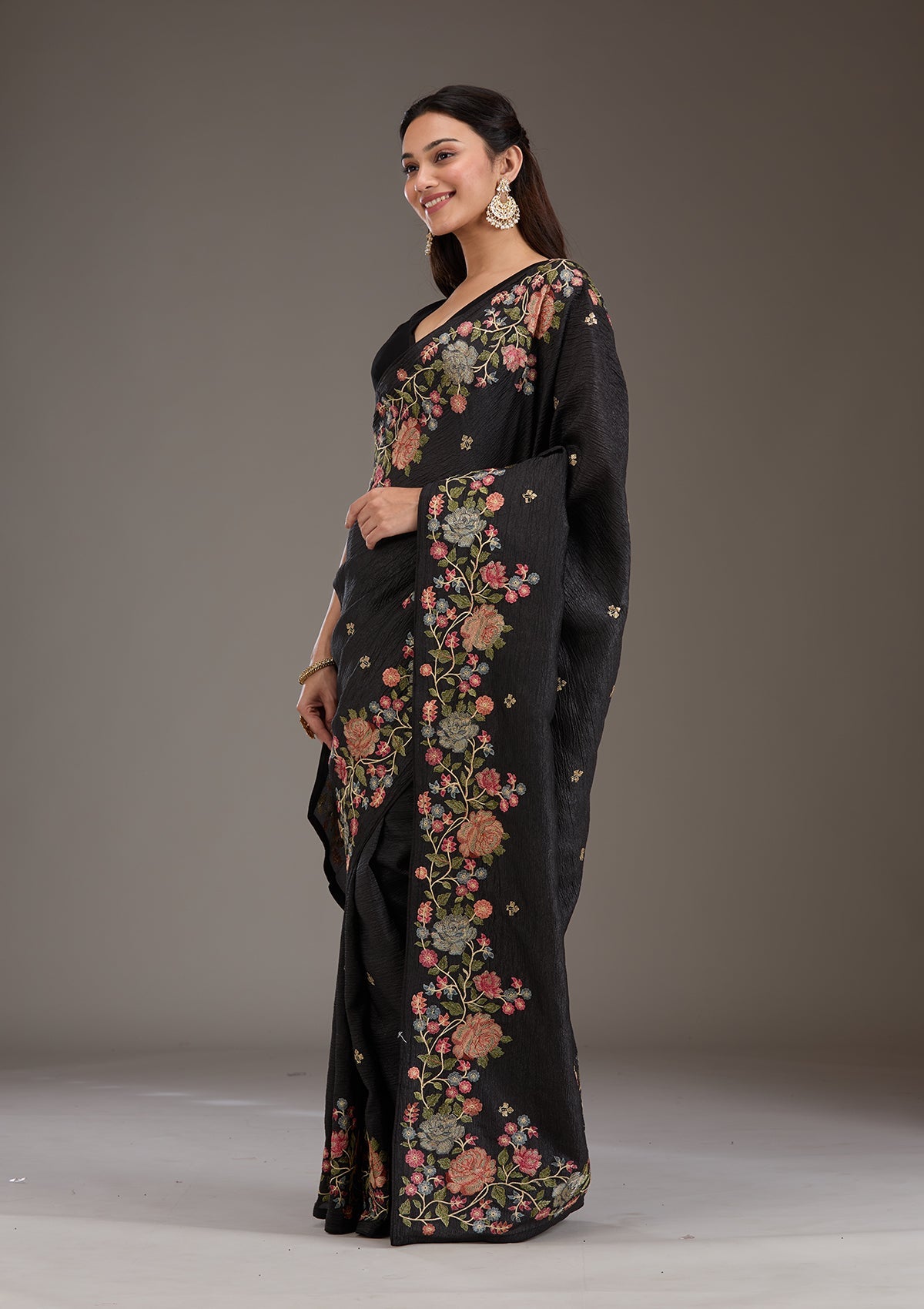 Black Threadwork Tissue Saree-Koskii