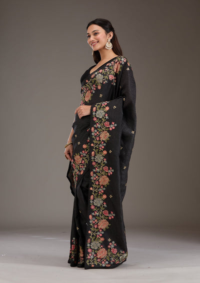 Black Threadwork Tissue Saree-Koskii