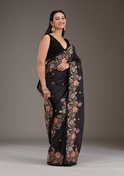 Black Threadwork Tissue Saree-Koskii