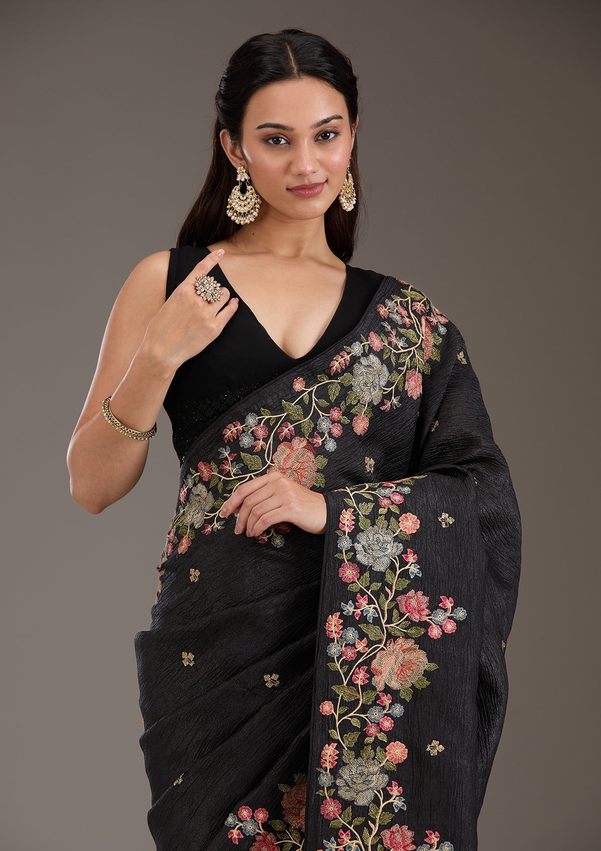 Black Threadwork Tissue Saree-Koskii