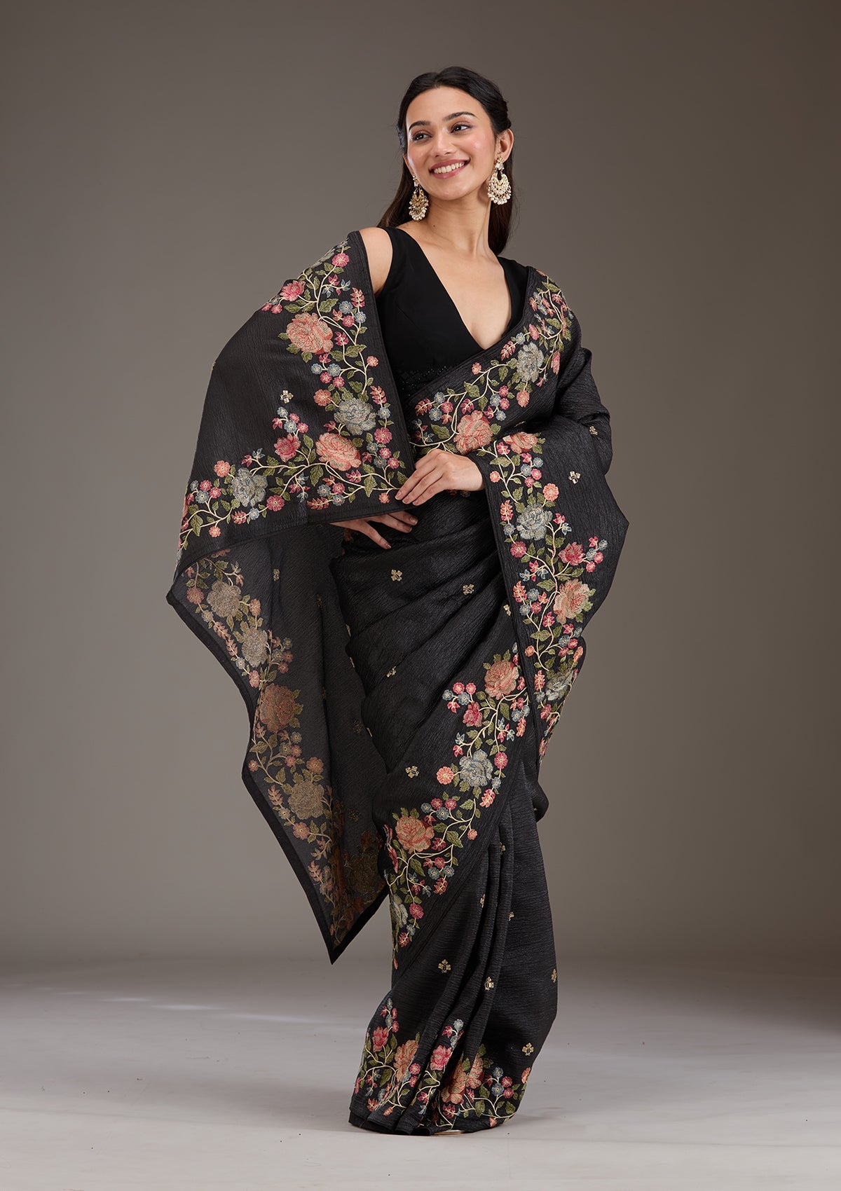 Black Threadwork Tissue Saree-Koskii