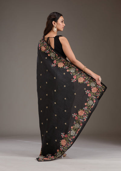 Black Threadwork Tissue Saree-Koskii