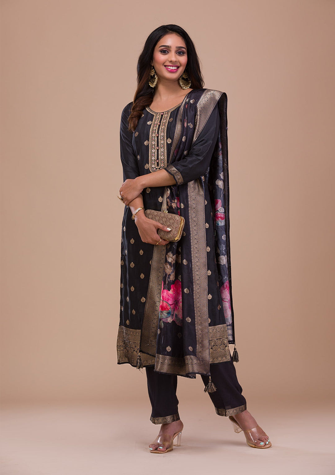 Black Zariwork Art Silk Readymade Sharara Kameez