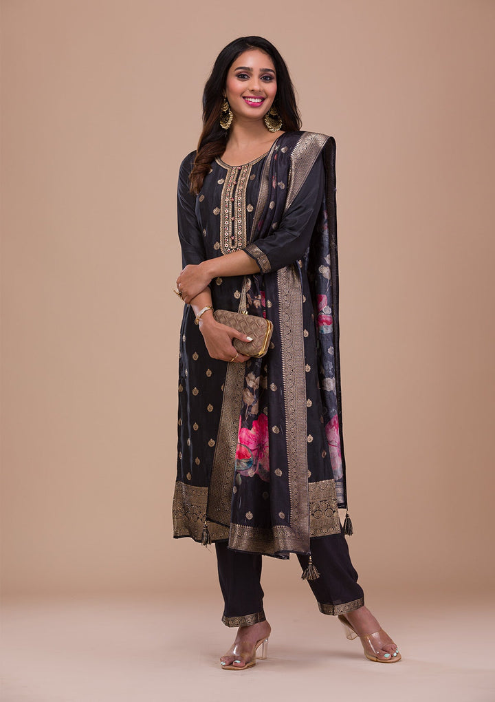 Black Zariwork Art Silk Readymade Sharara Kameez