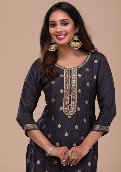 Black Zariwork Art Silk Readymade Sharara Kameez