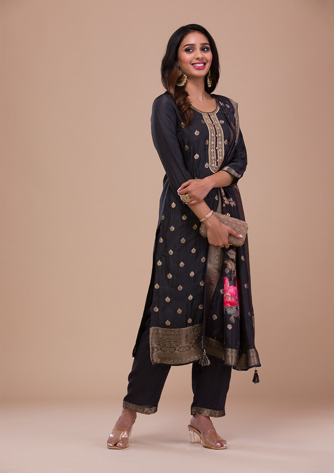 Black Zariwork Art Silk Readymade Sharara Kameez