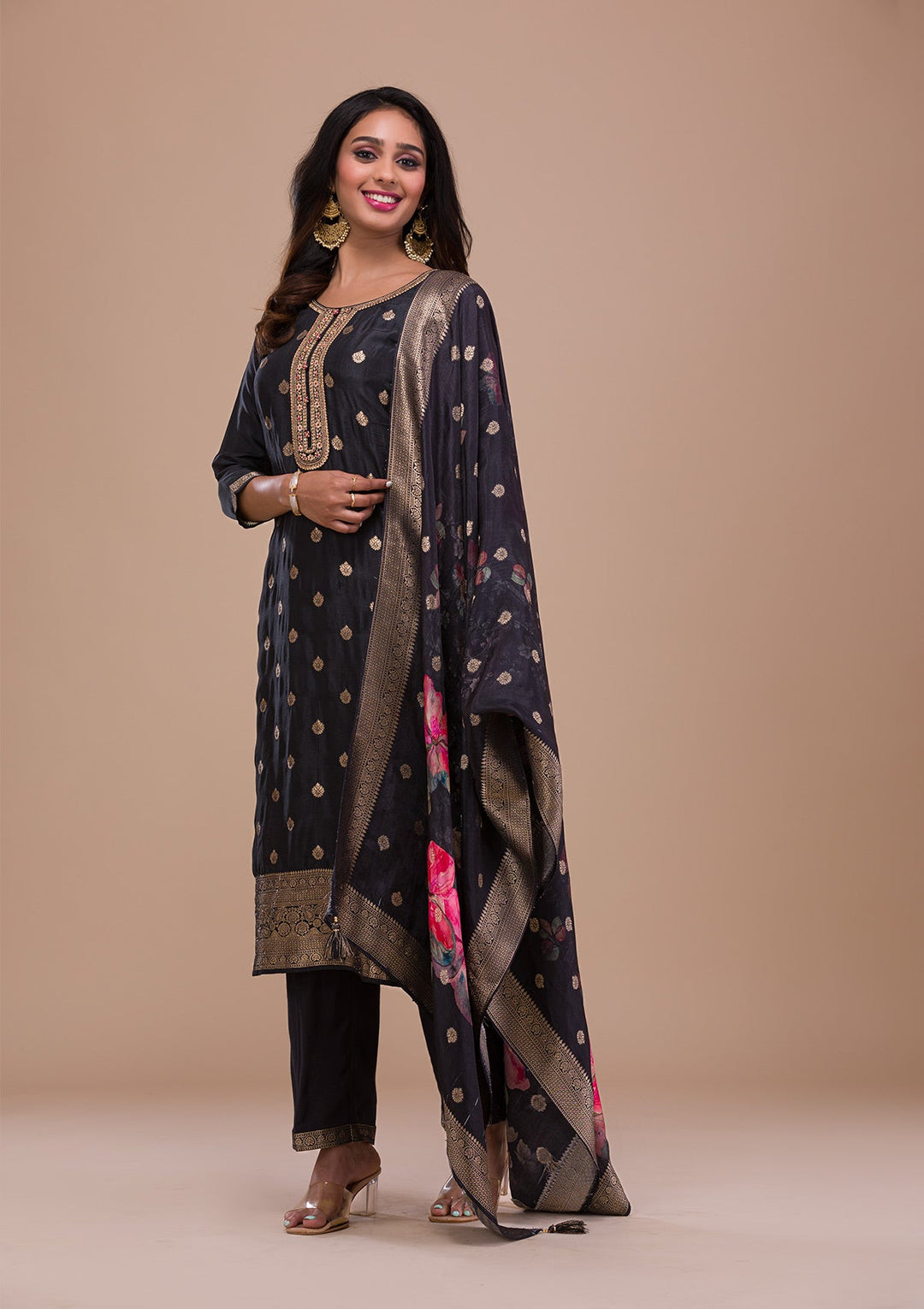 Black Zariwork Art Silk Readymade Sharara Kameez