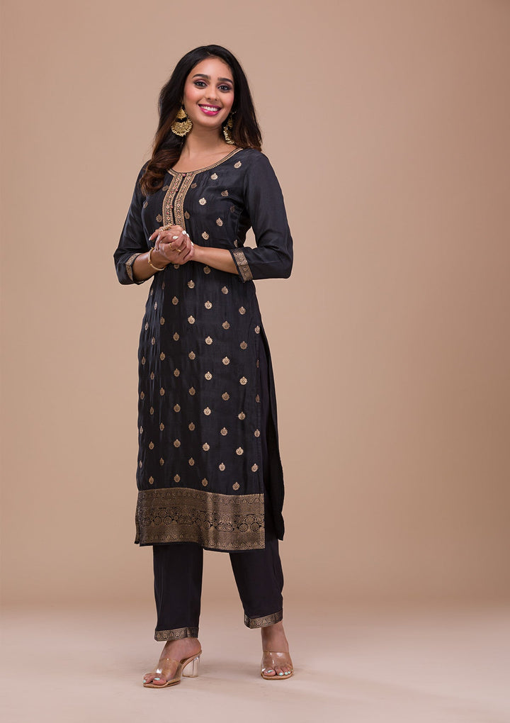 Black Zariwork Art Silk Readymade Sharara Kameez