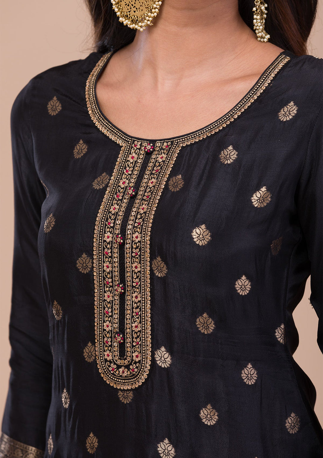 Black Zariwork Art Silk Readymade Sharara Kameez