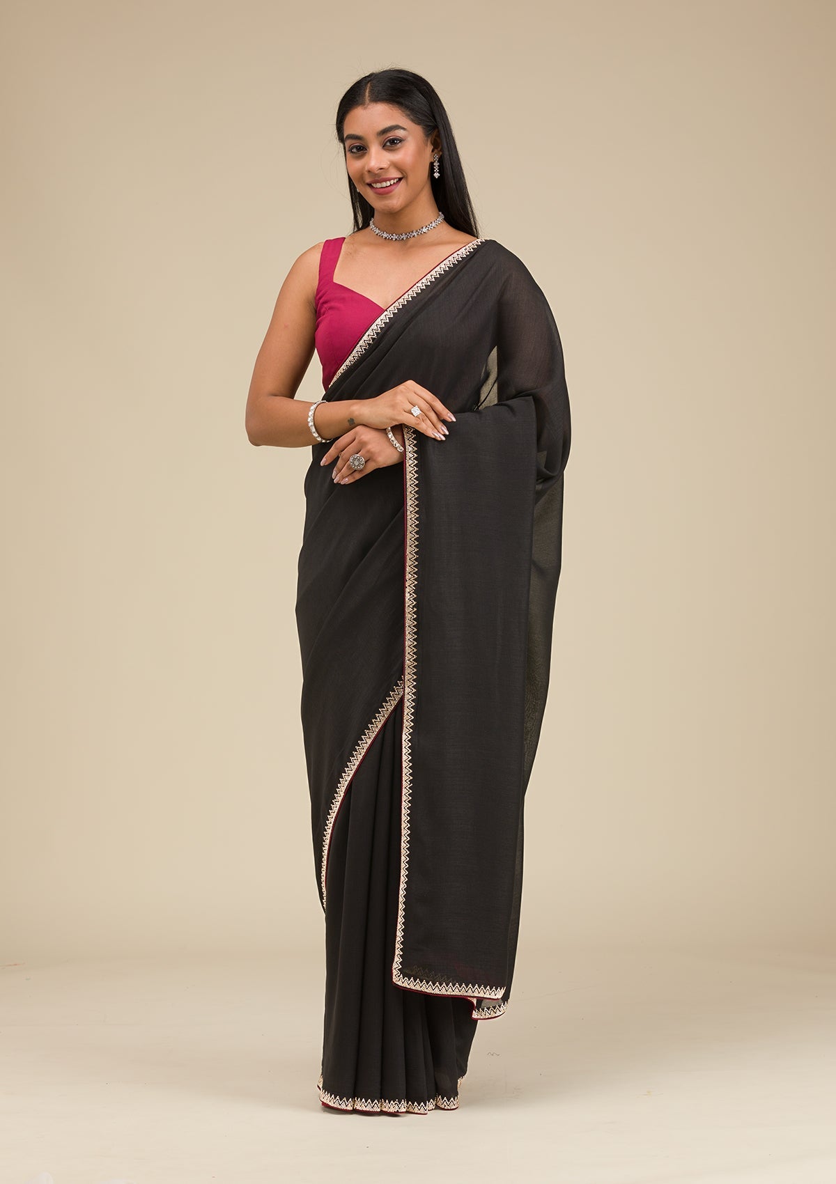 Black Zariwork Art Silk Saree-Koskii