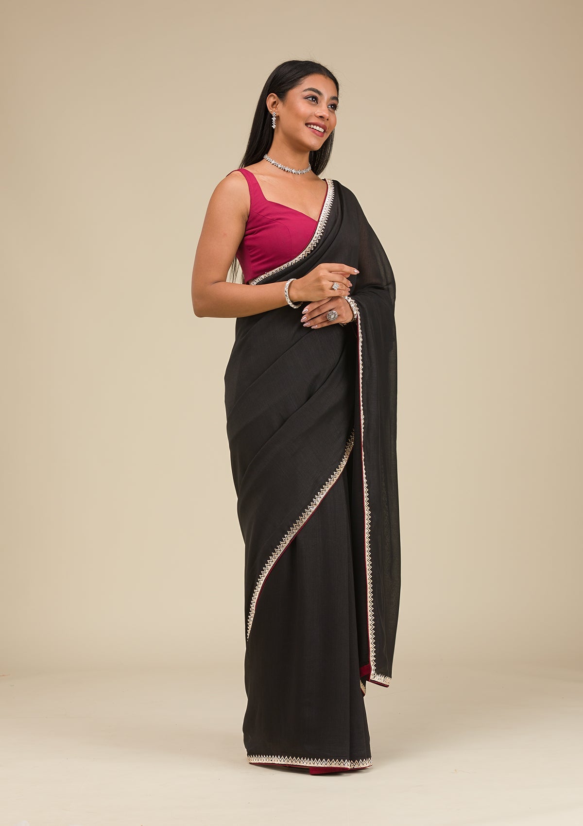 Black Zariwork Art Silk Saree-Koskii