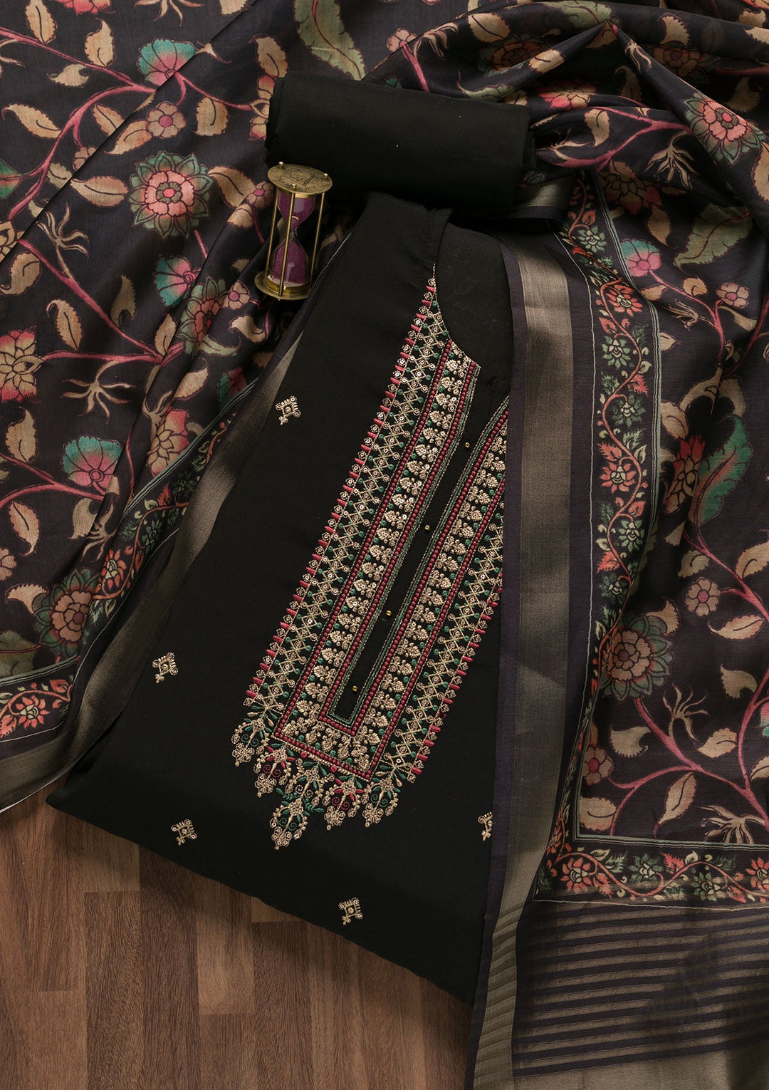 Black Zariwork Cotton Unstitched Salwar Suit-Koskii
