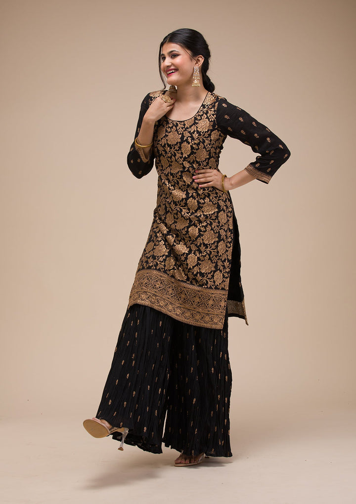Black Zariwork Georgette Readymade Sharara Suit-Koskii