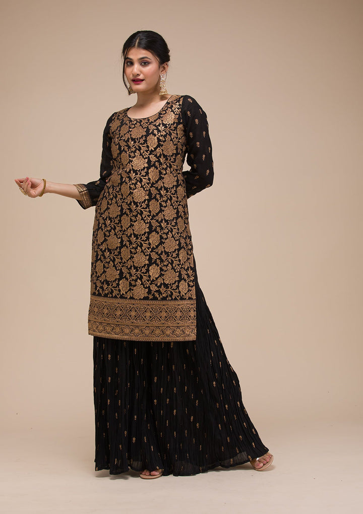 Black Zariwork Georgette Readymade Sharara Suit-Koskii