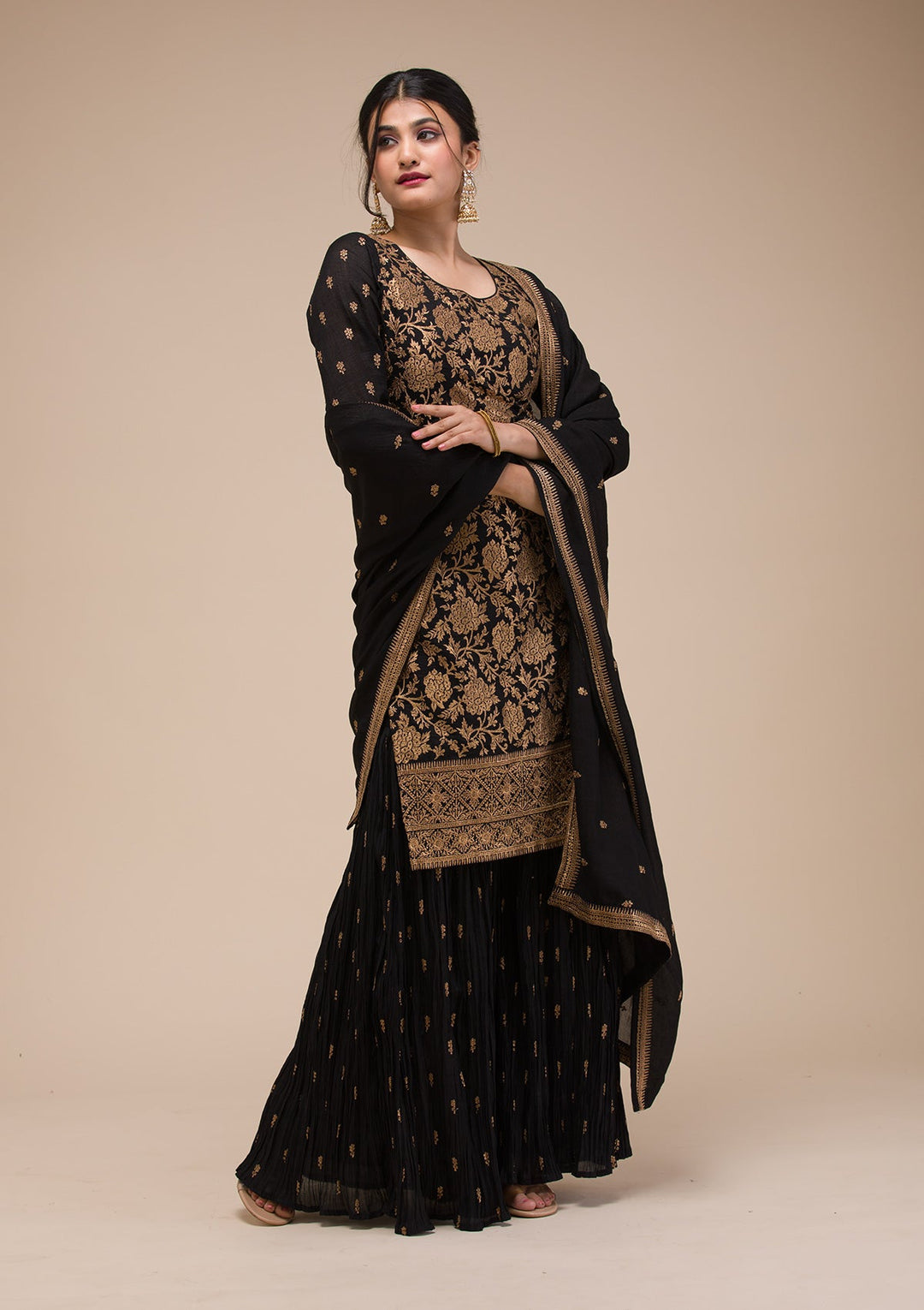 Black Zariwork Georgette Readymade Sharara Suit-Koskii