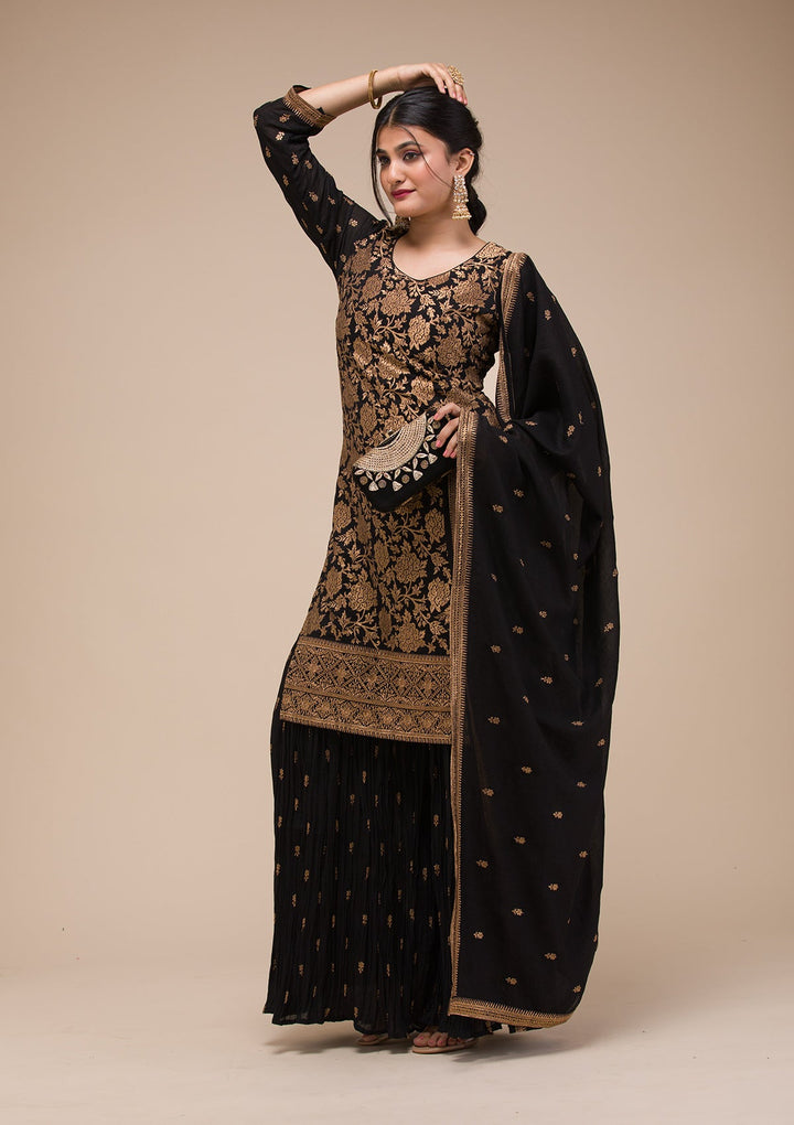 Black Zariwork Georgette Readymade Sharara Suit-Koskii