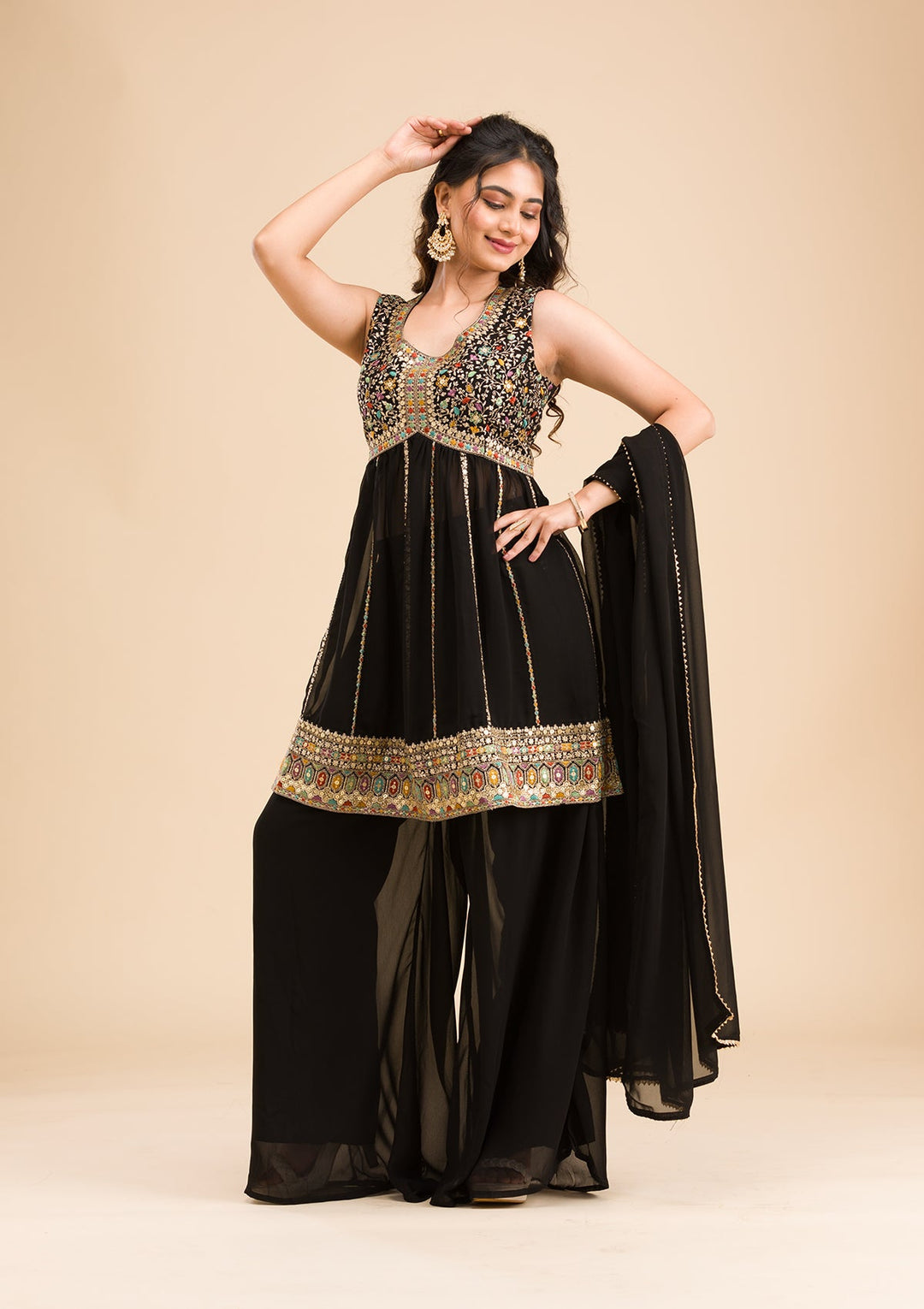 Black Zariwork Georgette Readymade Salwar Kameez-Koskii