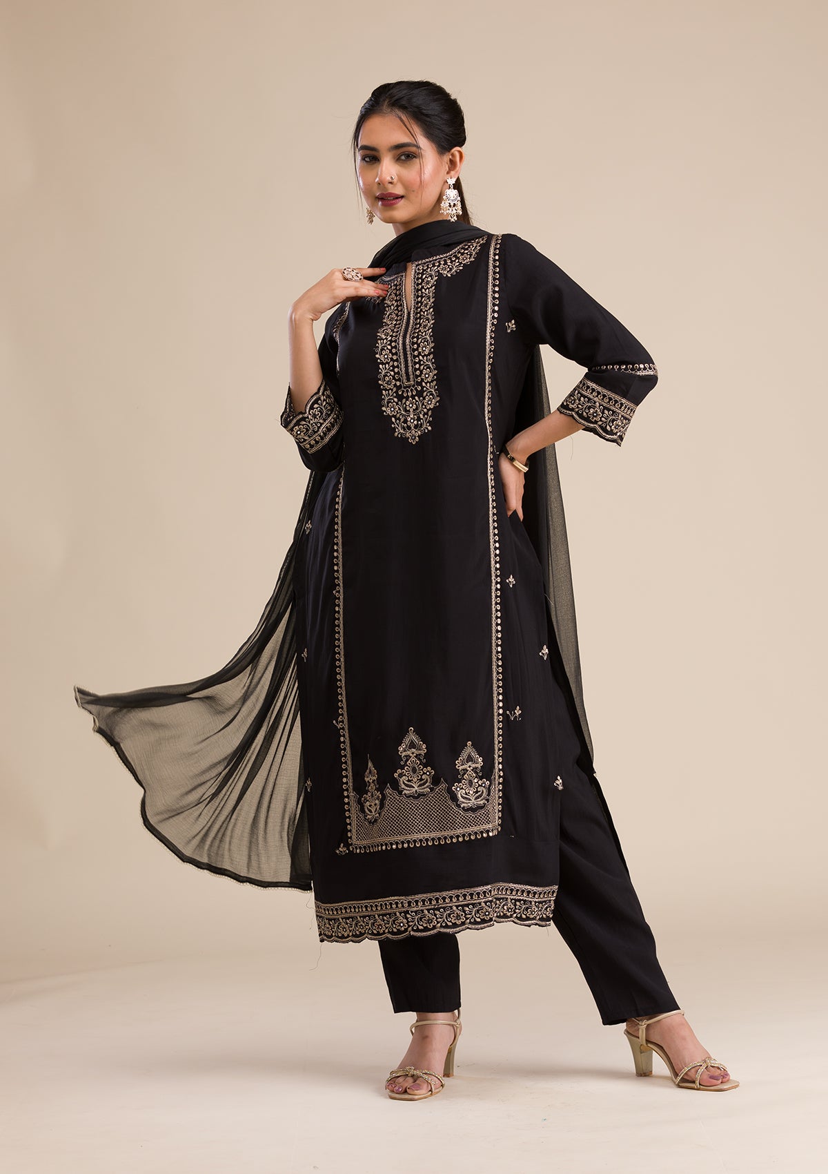 Black Zariwork Semi Crepe Readymade Salwar Suit