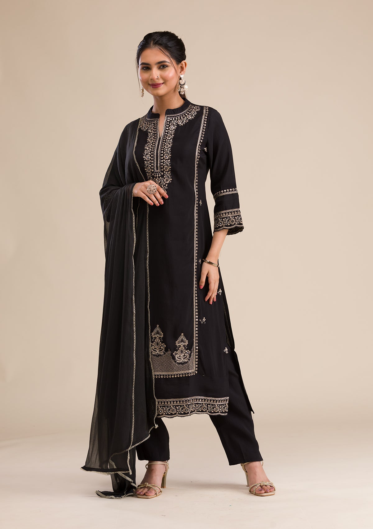 Black Zariwork Semi Crepe Readymade Salwar Suit