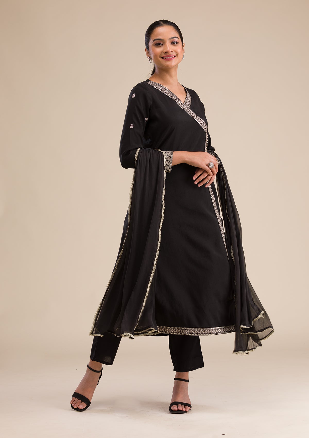 Black Zariwork Semi Crepe Readymade Salwar Suit