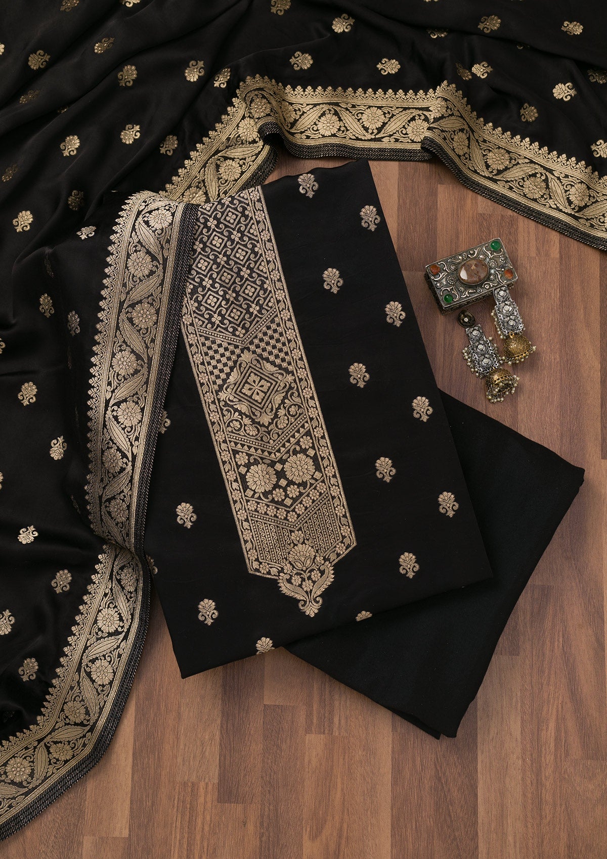 Black Zariwork Semi Crepe Unstitched Salwar Suit-Koskii