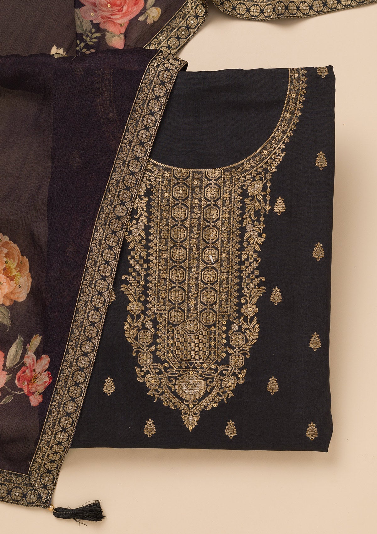 Black Zariwork Semi Crepe Unstitched Salwar Suit