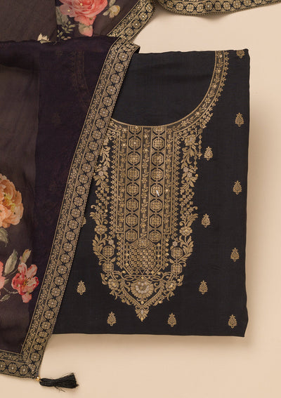 Black Zariwork Semi Crepe Unstitched Salwar Suit