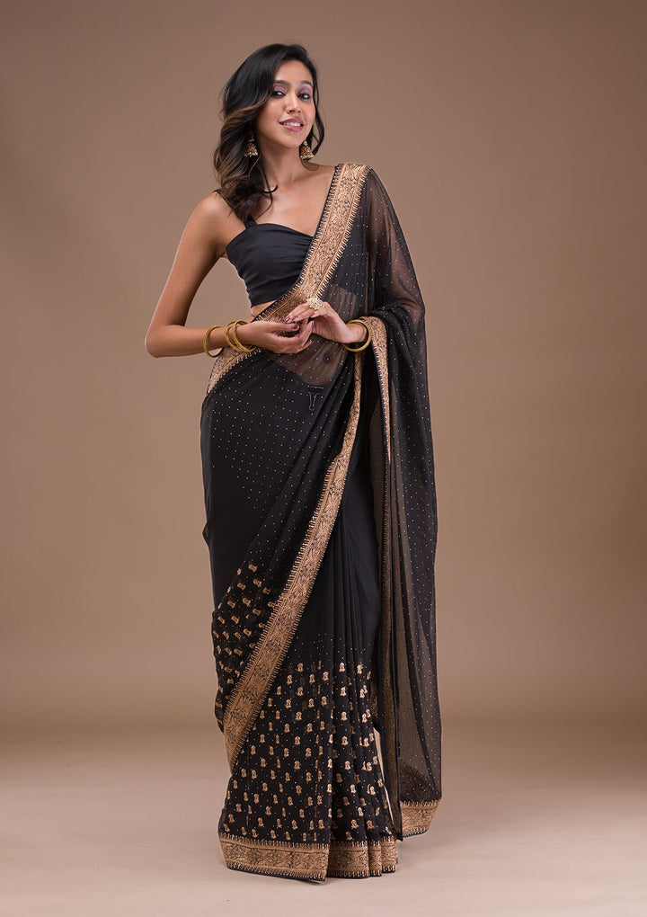 Black Zariwork Semi Crepe Saree-Koskii