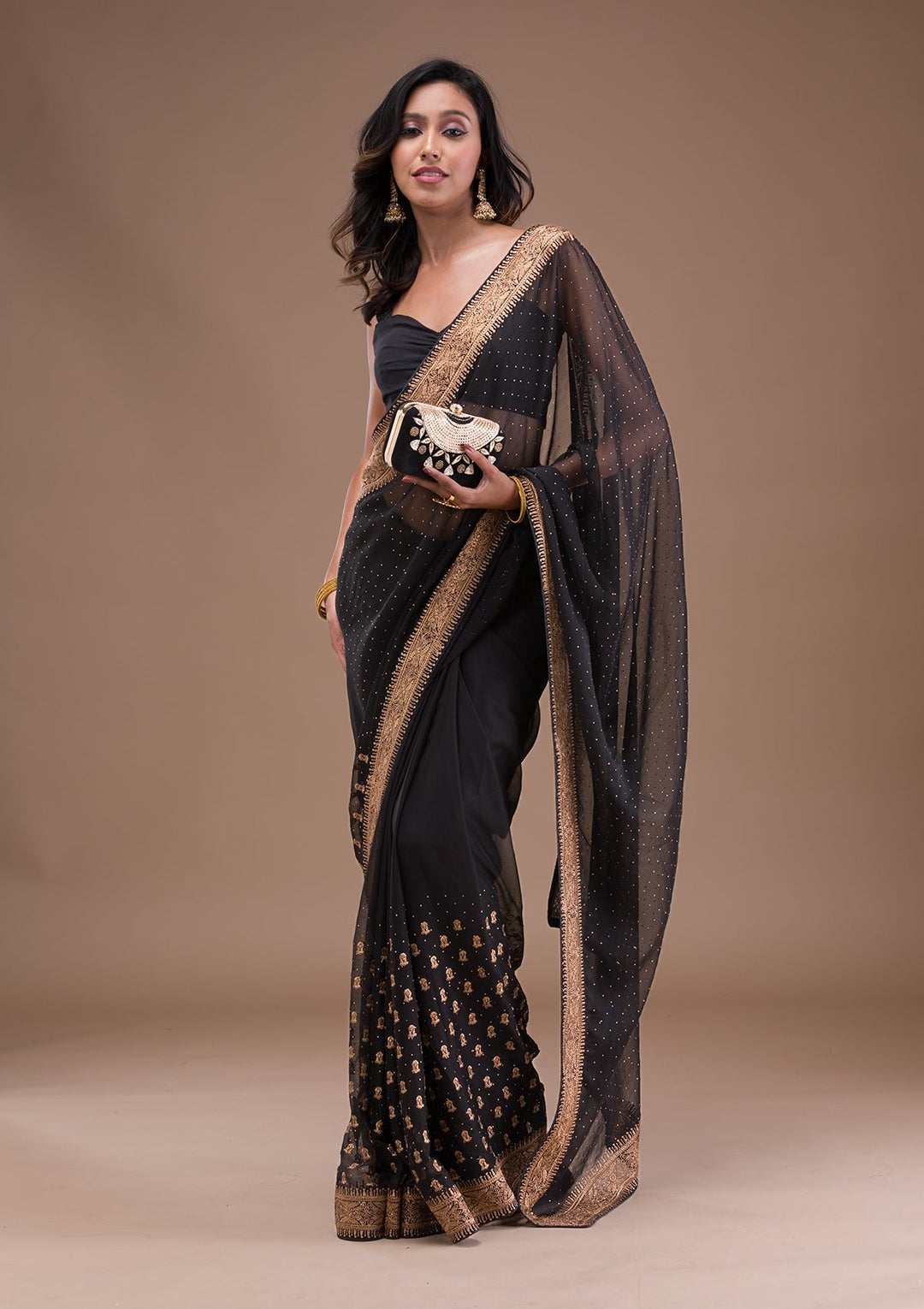 Black Zariwork Semi Crepe Saree-Koskii