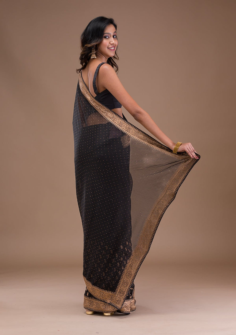 Black Zariwork Semi Crepe Saree-Koskii