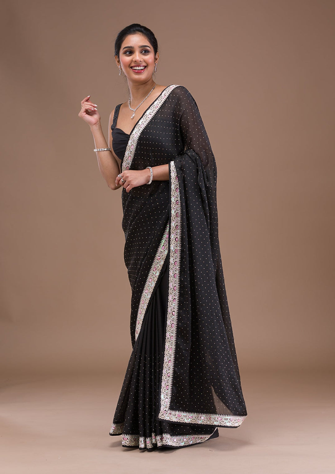 Black Zariwork Semi Crepe Saree-Koskii