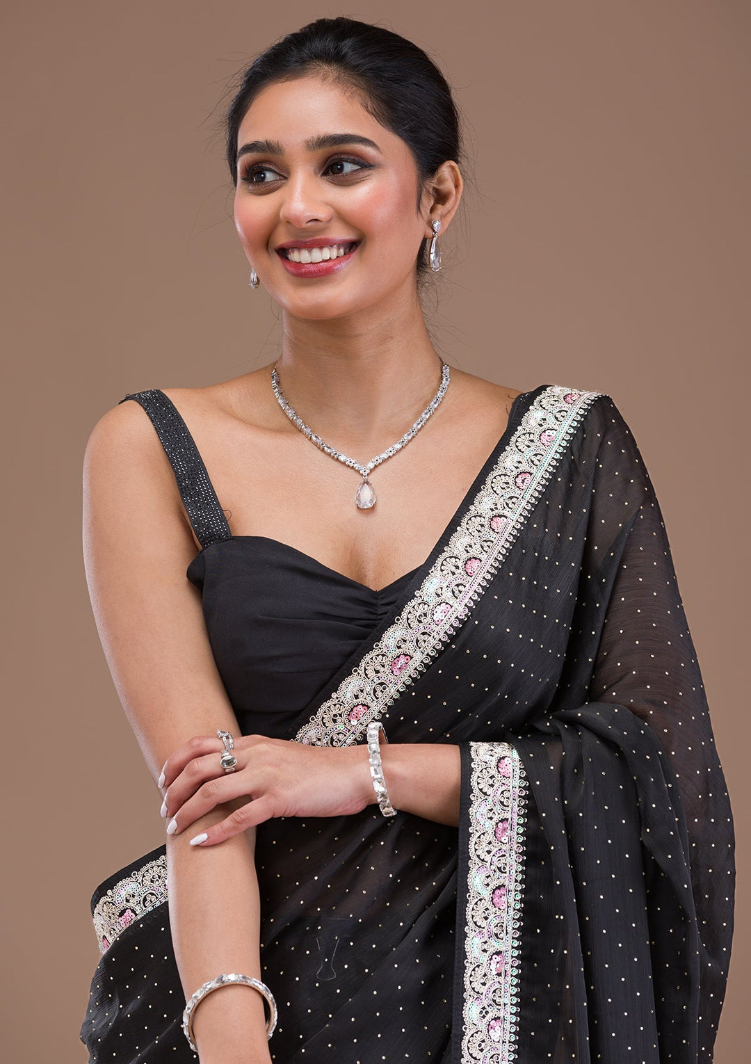 Black Zariwork Semi Crepe Saree-Koskii