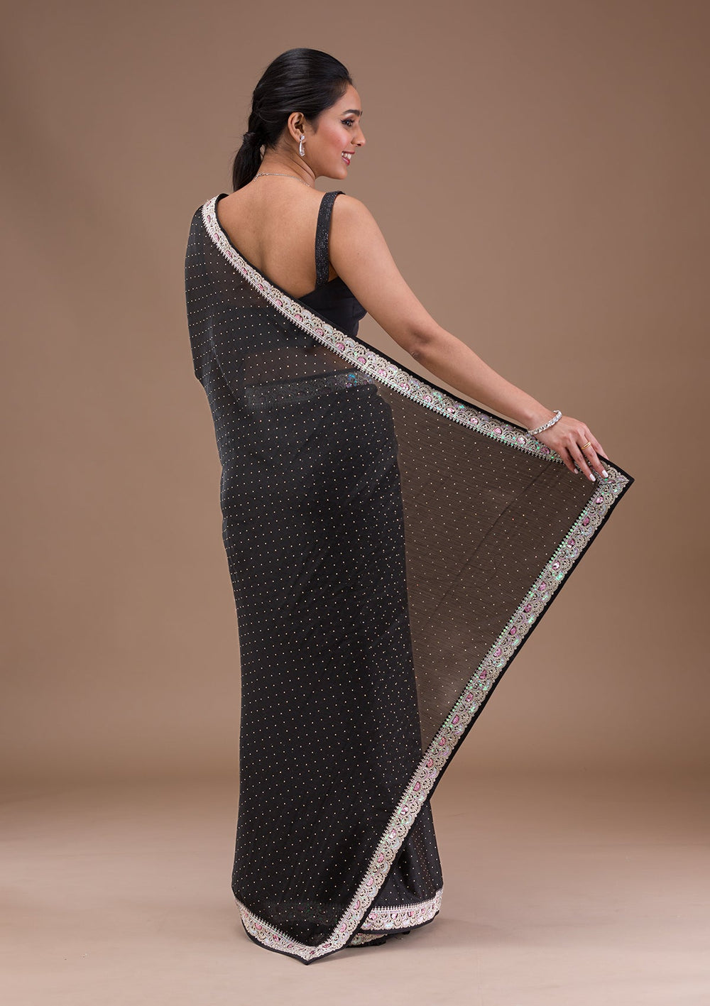 Black Zariwork Semi Crepe Saree-Koskii