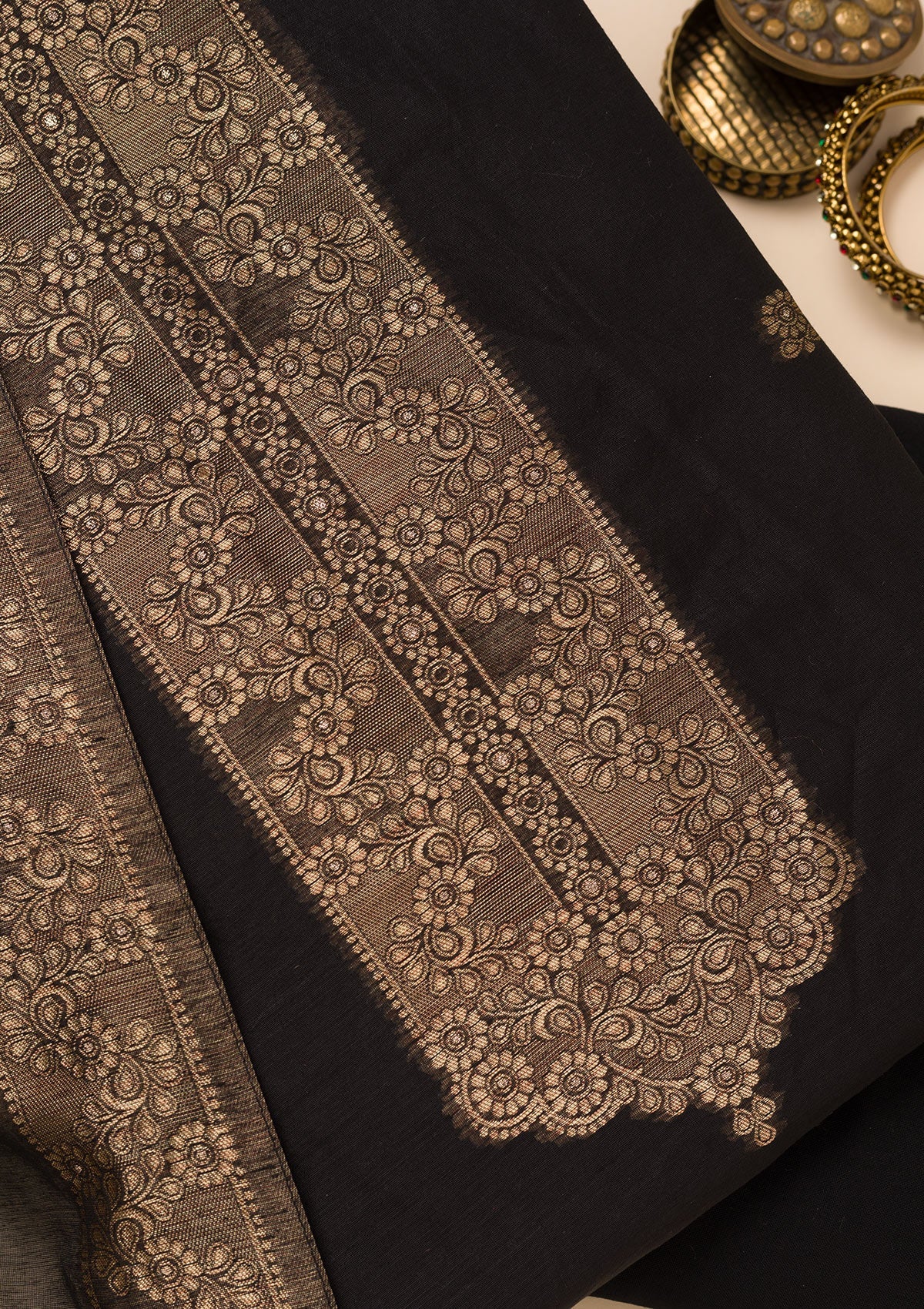 Black Zariwork Soft Silk Unstitched Salwar Suit-Koskii