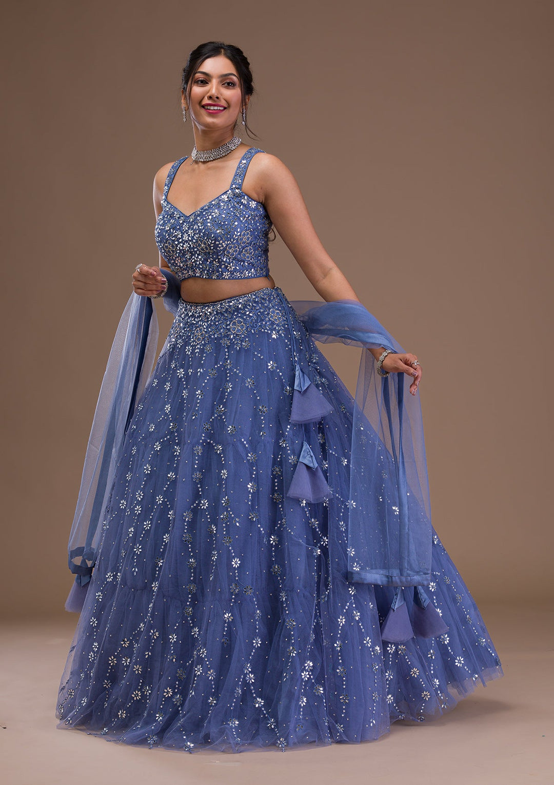 Blue Mirrorwork Net Readymade Lehenga-Koskii