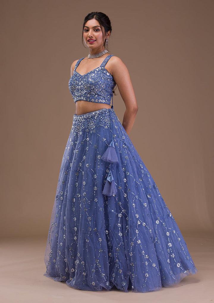 Blue Mirrorwork Net Readymade Lehenga-Koskii