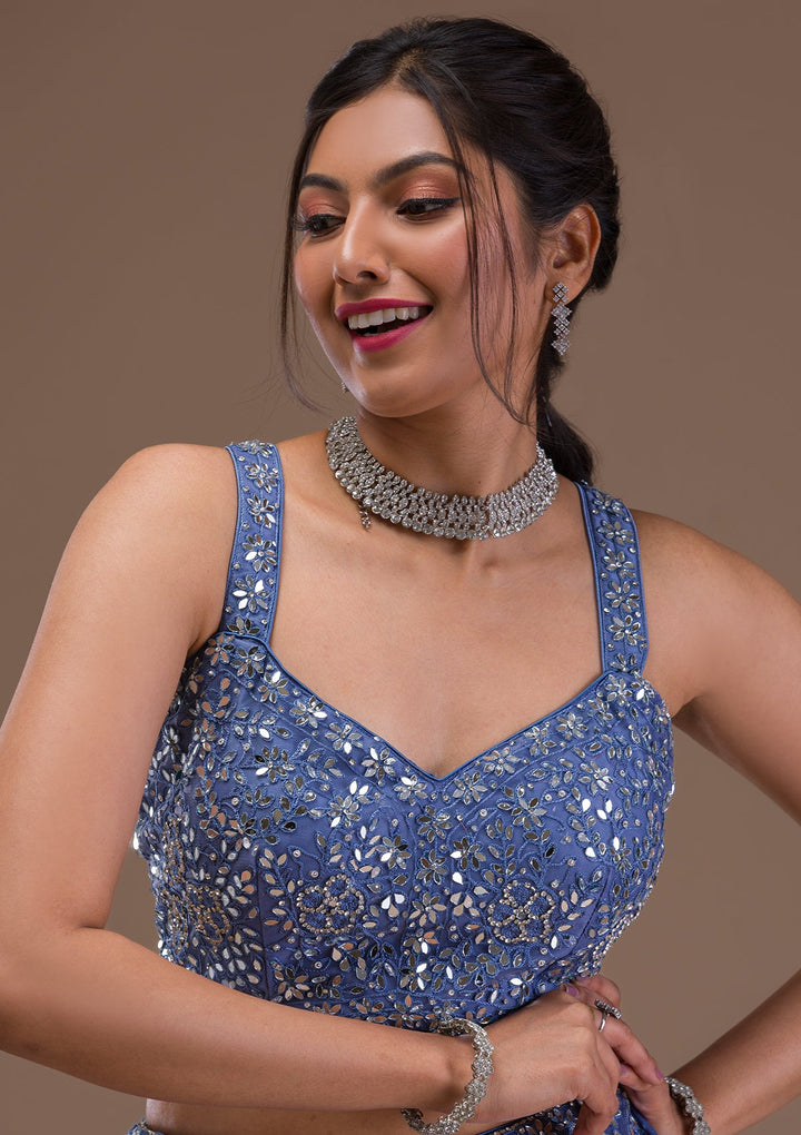 Blue Mirrorwork Net Readymade Lehenga-Koskii