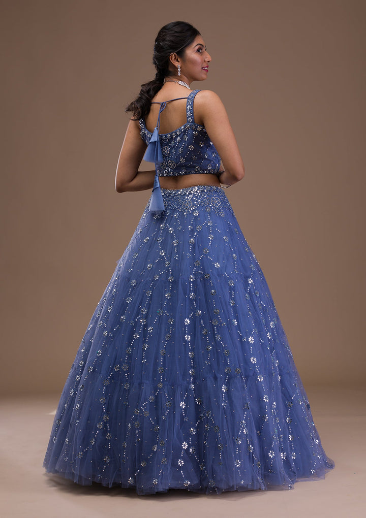 Blue Mirrorwork Net Readymade Lehenga-Koskii