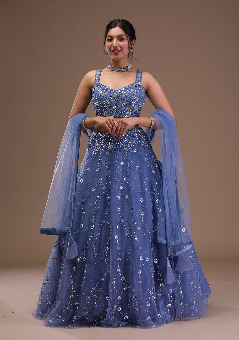 Blue Mirrorwork Net Readymade Lehenga-Koskii