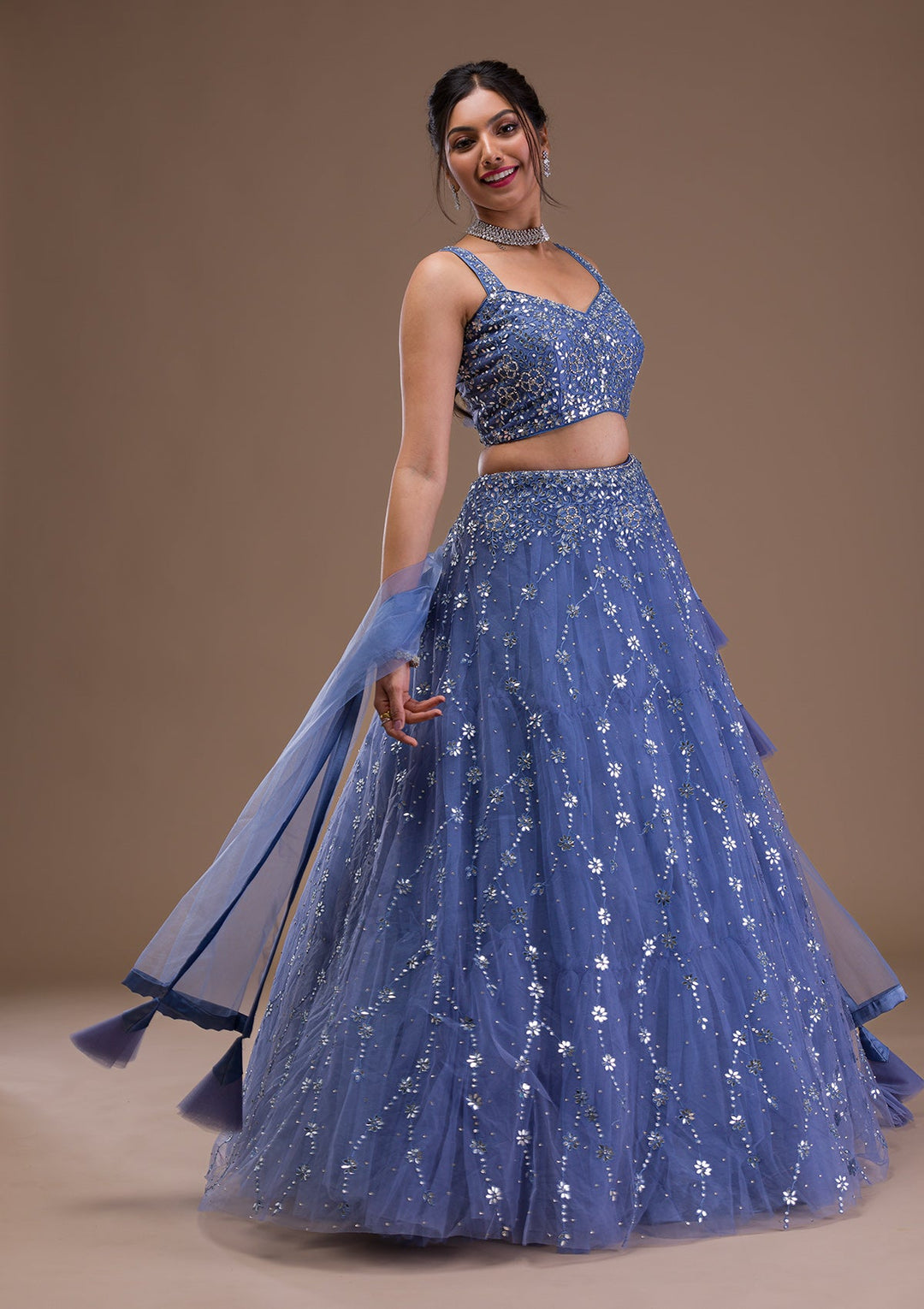 Blue Mirrorwork Net Readymade Lehenga-Koskii