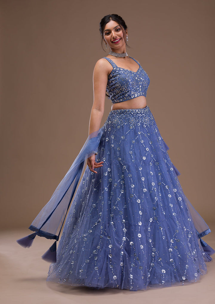 Blue Mirrorwork Net Readymade Lehenga-Koskii