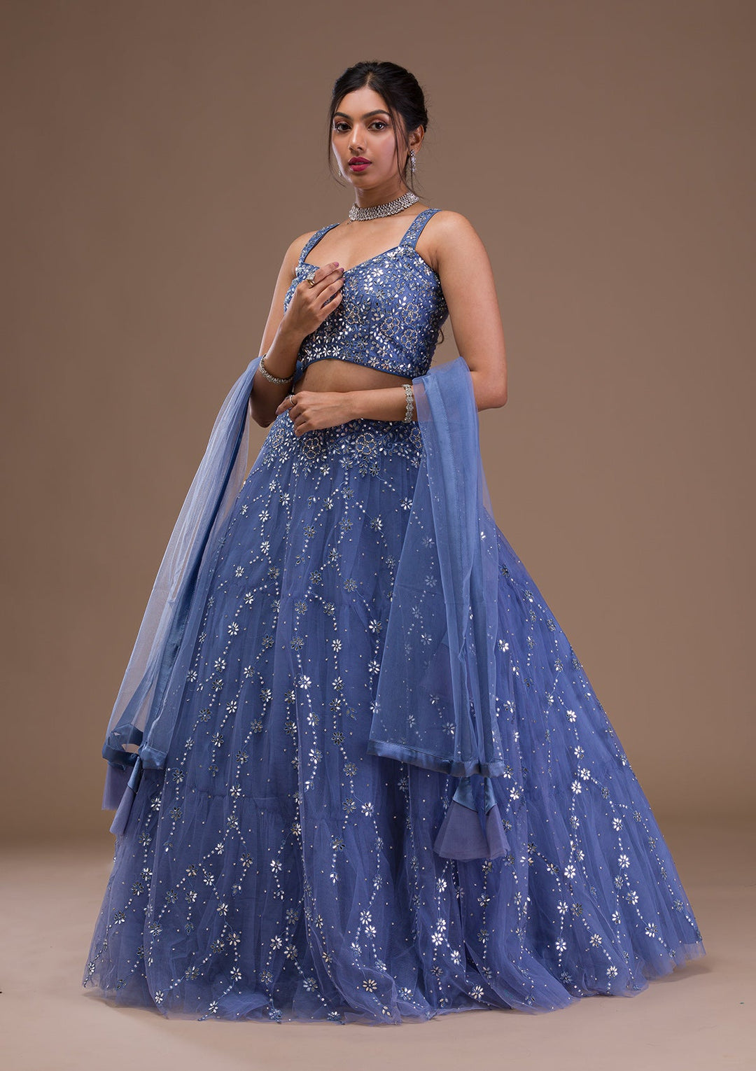 Blue Mirrorwork Net Readymade Lehenga-Koskii