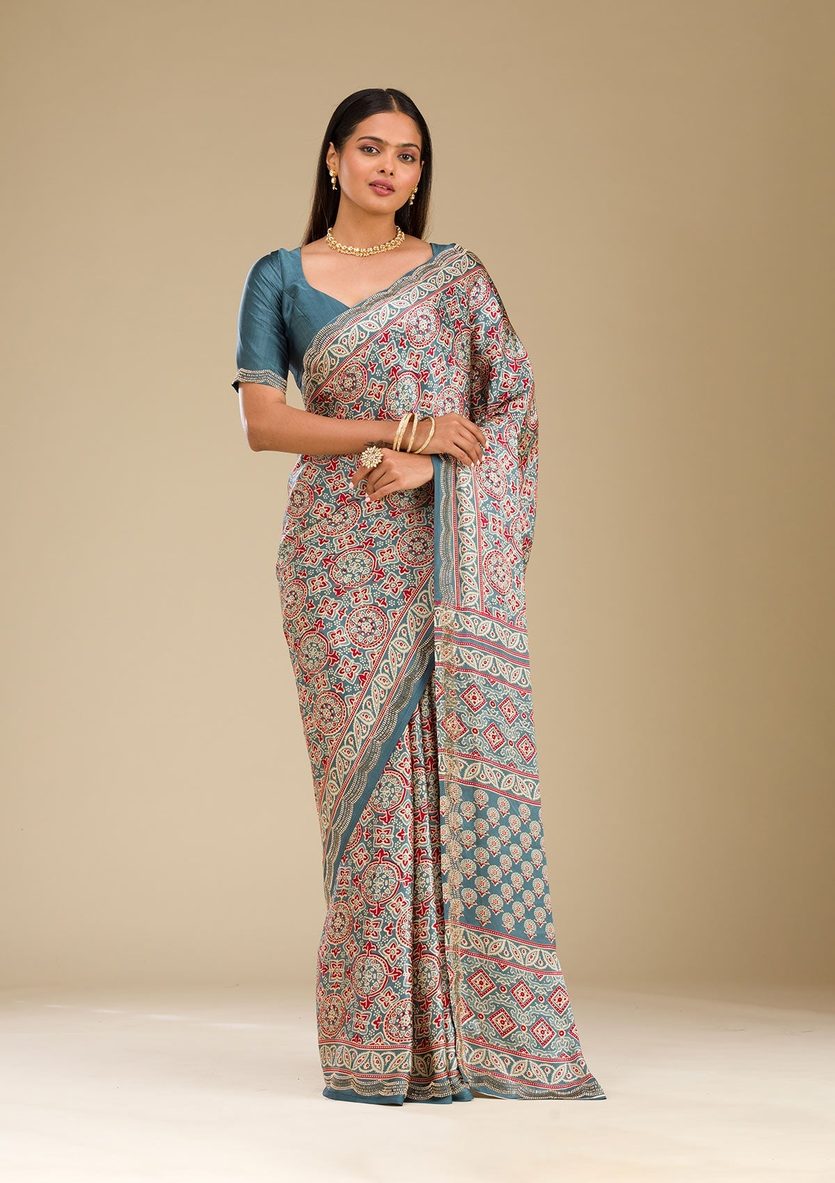 Blue Printed Satin Saree-Koskii