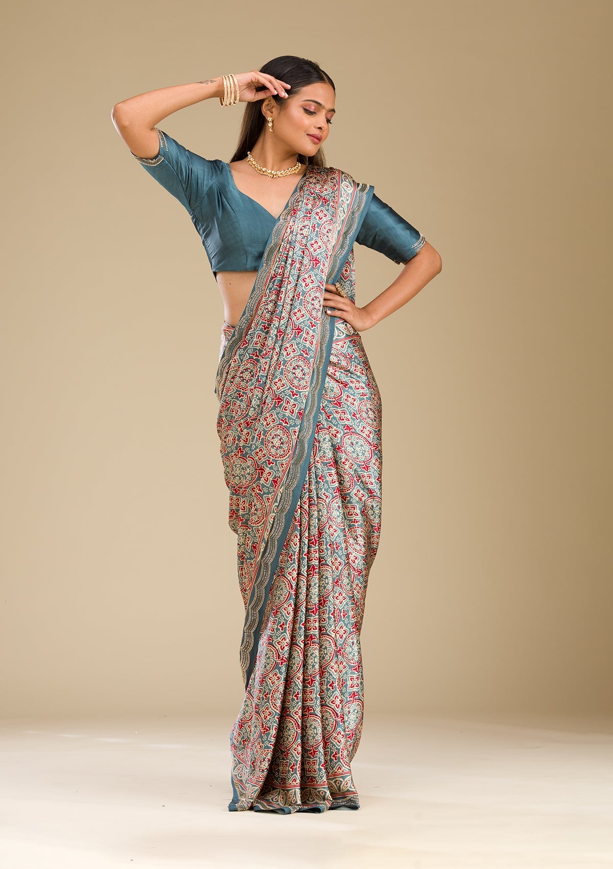 Blue Printed Satin Saree-Koskii