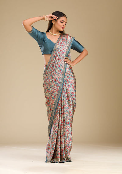 Blue Printed Satin Saree-Koskii